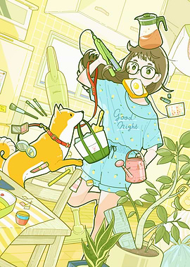 Humorous Kitchen Chaos with Girl and Dog