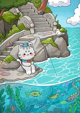 Cartoon Cat Fishing by the Sea
