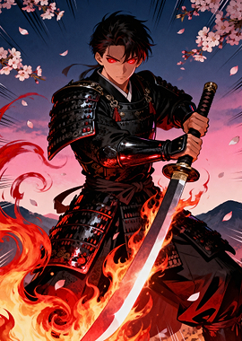 Anime Samurai Warrior with Fiery Sword