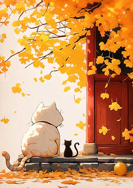 Cats under Autumn Leaves by Door