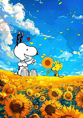 Snoopy and Woodstock in Sunflower Field