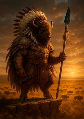 Bison Warrior with Spear at Sunset