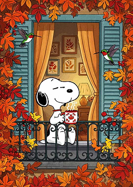 Snoopy Autumn Coffee Balcony Scene