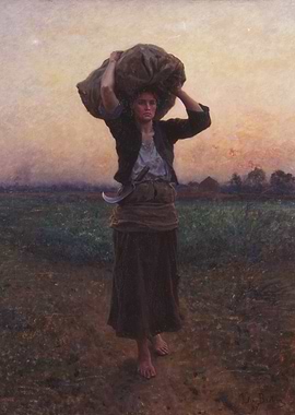 Woman Carrying Sack in Field Painting