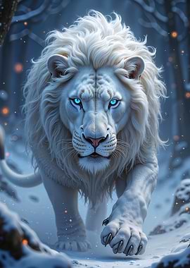 White Lion in Winter Forest