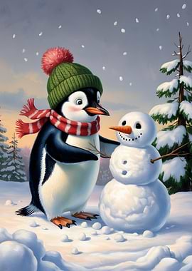 Penguin Building a Snowman