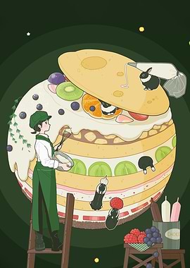 Whimsical Cake Planet with Baker and Bunnies