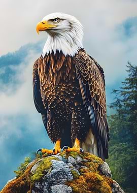 Majestic Bald Eagle on Mossy Rock