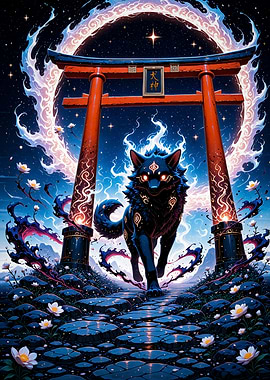 Mystical Ookami Wolf Through Torii Gate Japanese Folklore Fantasy