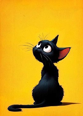 Cartoon Black Cat on Yellow Background