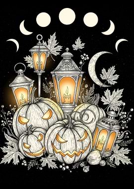 Halloween Pumpkins and Lanterns with Moon Phases