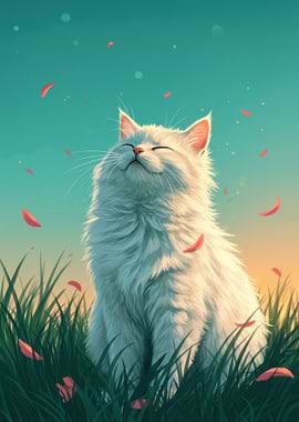 Serene White Cat in a Meadow