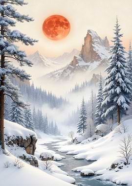 Winter landscape with red moon