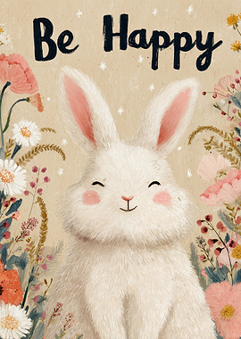 Be Happy Bunny Floral Illustration