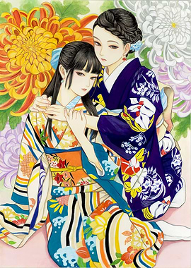 Two Women in Kimonos with Chrysanthemums