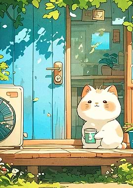 Cute Cat on Porch with Drink