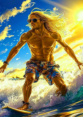 Surfer on a wave at sunset