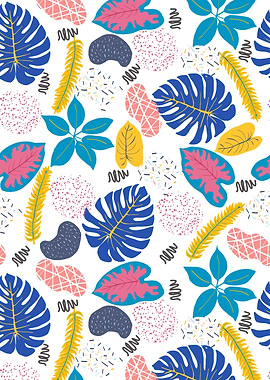 Colorful Tropical Leaves Pattern on White