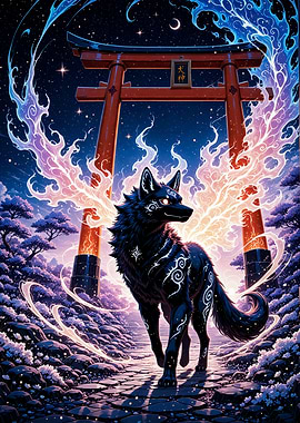 Mystical Ookami Wolf and Torii Gate Cherry Blossom Sakura Japan