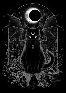 Winged Cat with Crescent Moon