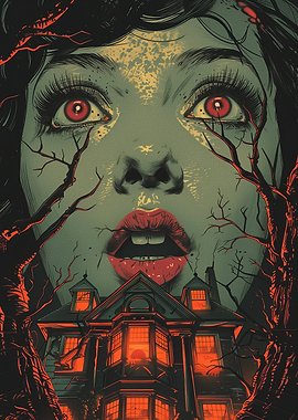 Haunted house with terrified woman and glowing eyes