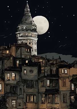 Galata Tower at Night with Moon
