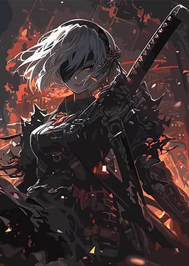 Anime Girl with Katana in Dark Setting