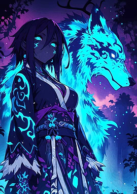 Anime Girl with Spirit Wolf Companion