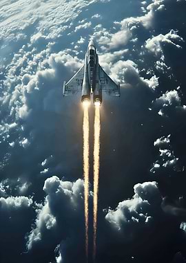 Jet plane flying through clouds