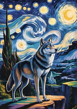 Wolf in Starry Night Landscape