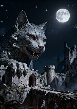 Stone Cat Guardian Overlooking Ruined Castle
