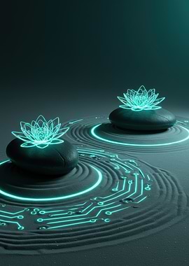 Zen Garden with Glowing Lotus Flowers