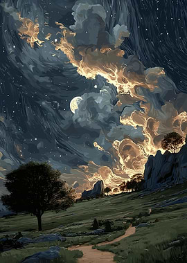Night Landscape with Moon and Clouds
