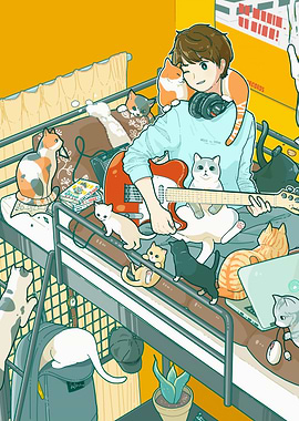 Boy with Guitar and Many Cats