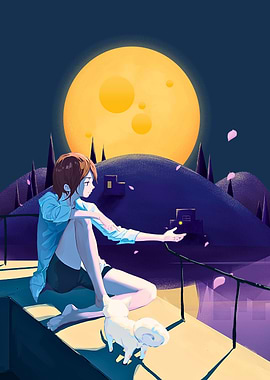 Girl, Cat, and Moonlit Landscape