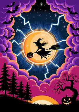 Halloween Witch Flying on Broomstick