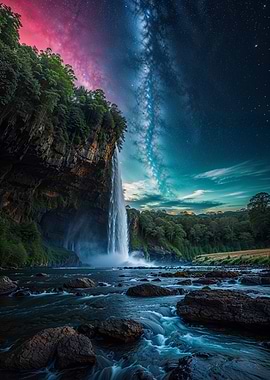 Majestic Waterfall Under a Starry Sky
