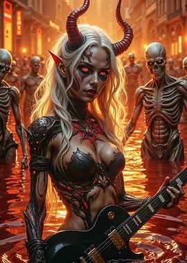 Demon Girl Playing Guitar in Hell