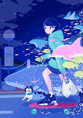 Anime Girl with Dog on Skateboard