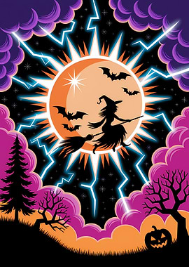 Halloween Witch Flying with Bats