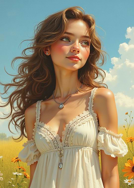 Girl in white dress in field