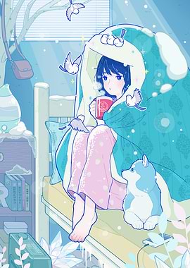 Cozy Winter Morning with Girl and Dog