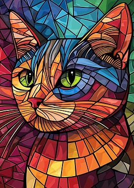 Colorful Stained Glass Cat Portrait