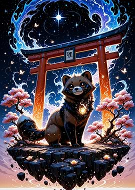 Tanuki and Torii Gate Fantasy Art Cherry Blossom Japan Sakura
