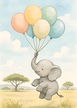 Watercolor Elephant Flying with Balloons