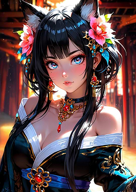 Anime Girl with Fox Ears and Flowers