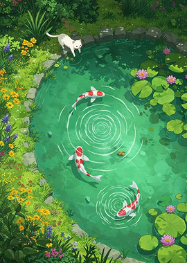 Koi Pond with Cat and Lilies