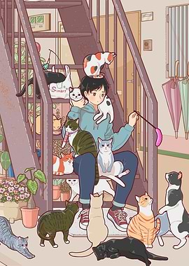 Boy surrounded by cats on stairs
