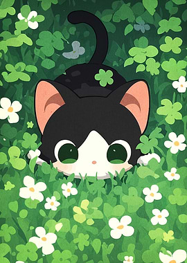 Cute Cat in a Flower Field