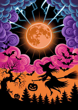 Halloween Witch Flying on Broomstick